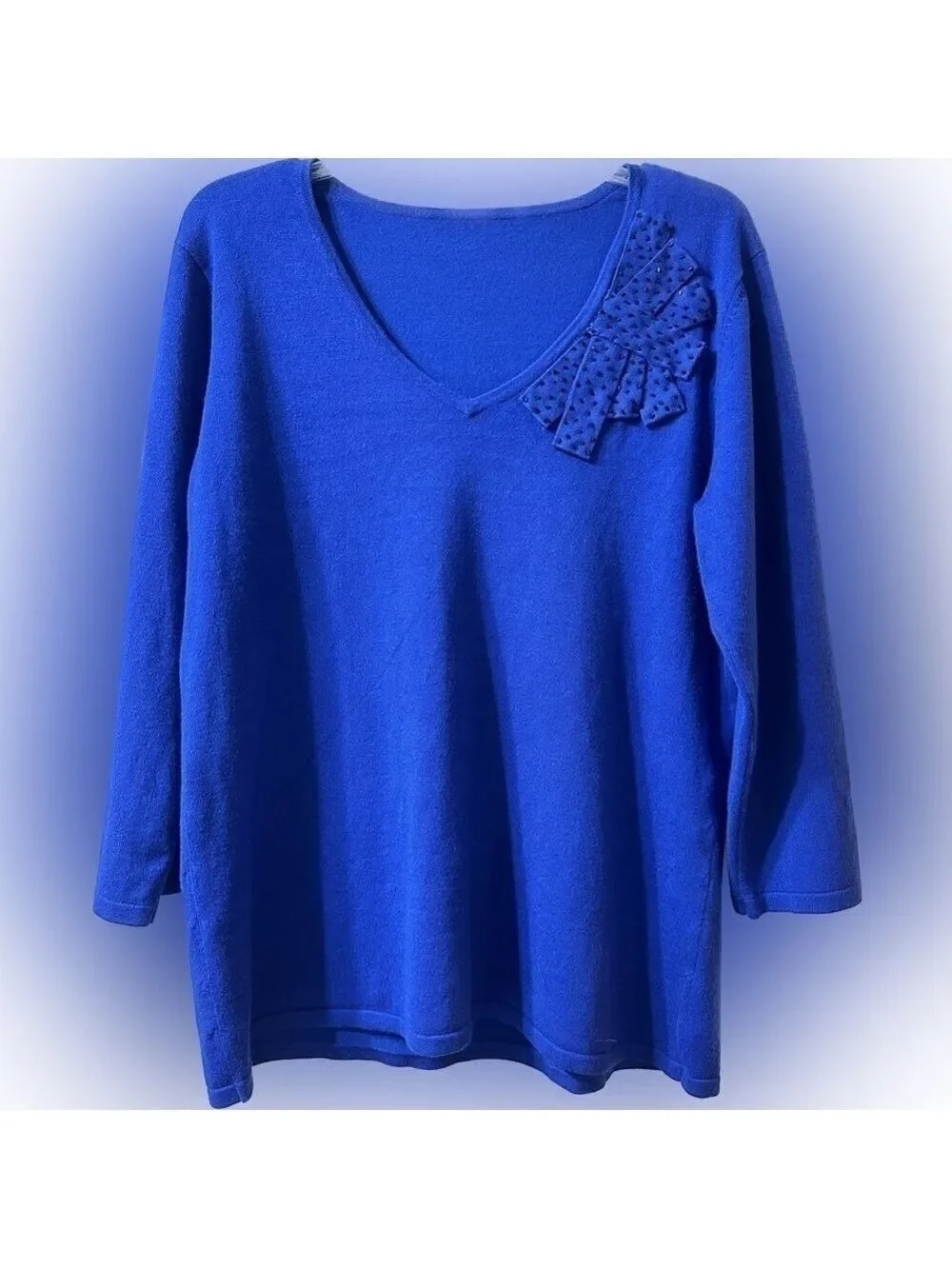 Blue Scooped V neck 3/4 Sleeve Sweater Beaded appliqué type design front left